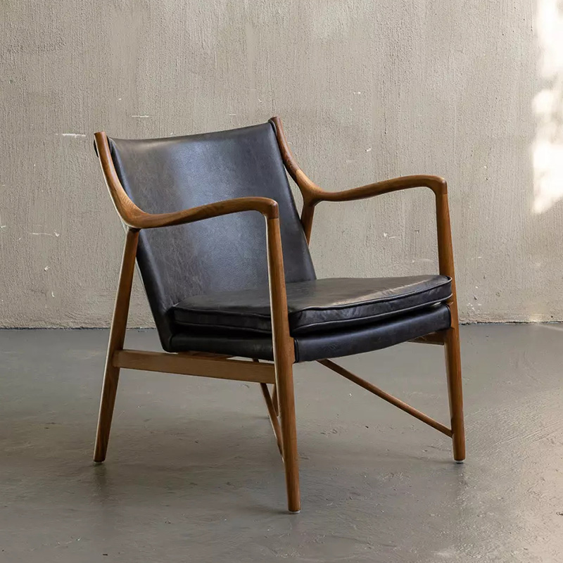 日式实木真皮沙发椅北欧简约复古工业风单人椅诧寂风休闲椅loft风