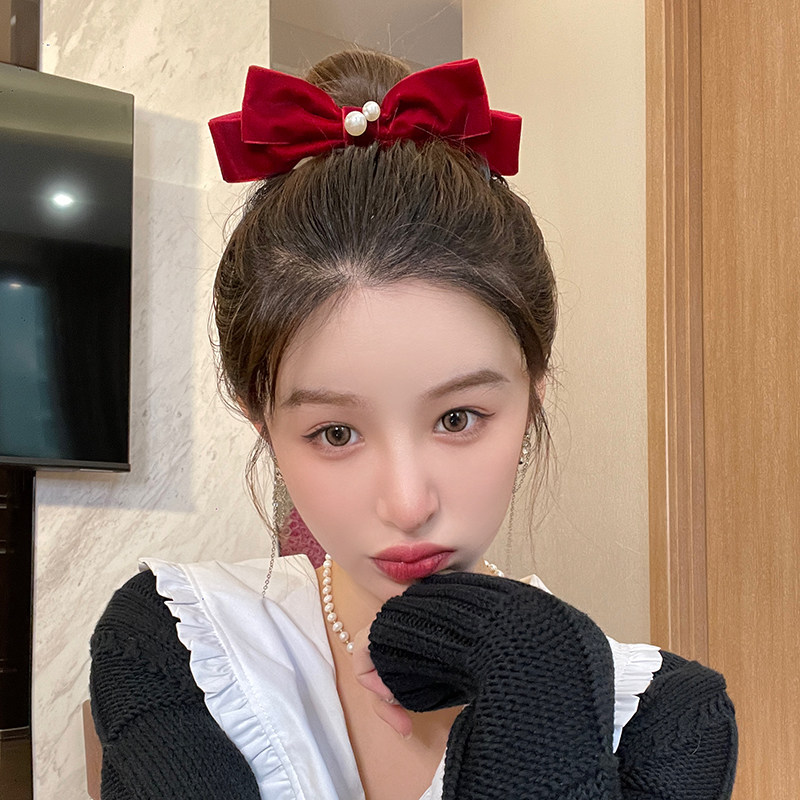 在逃公主立体双层蝴蝶结发夹丝绒珍珠气质顶夹发饰