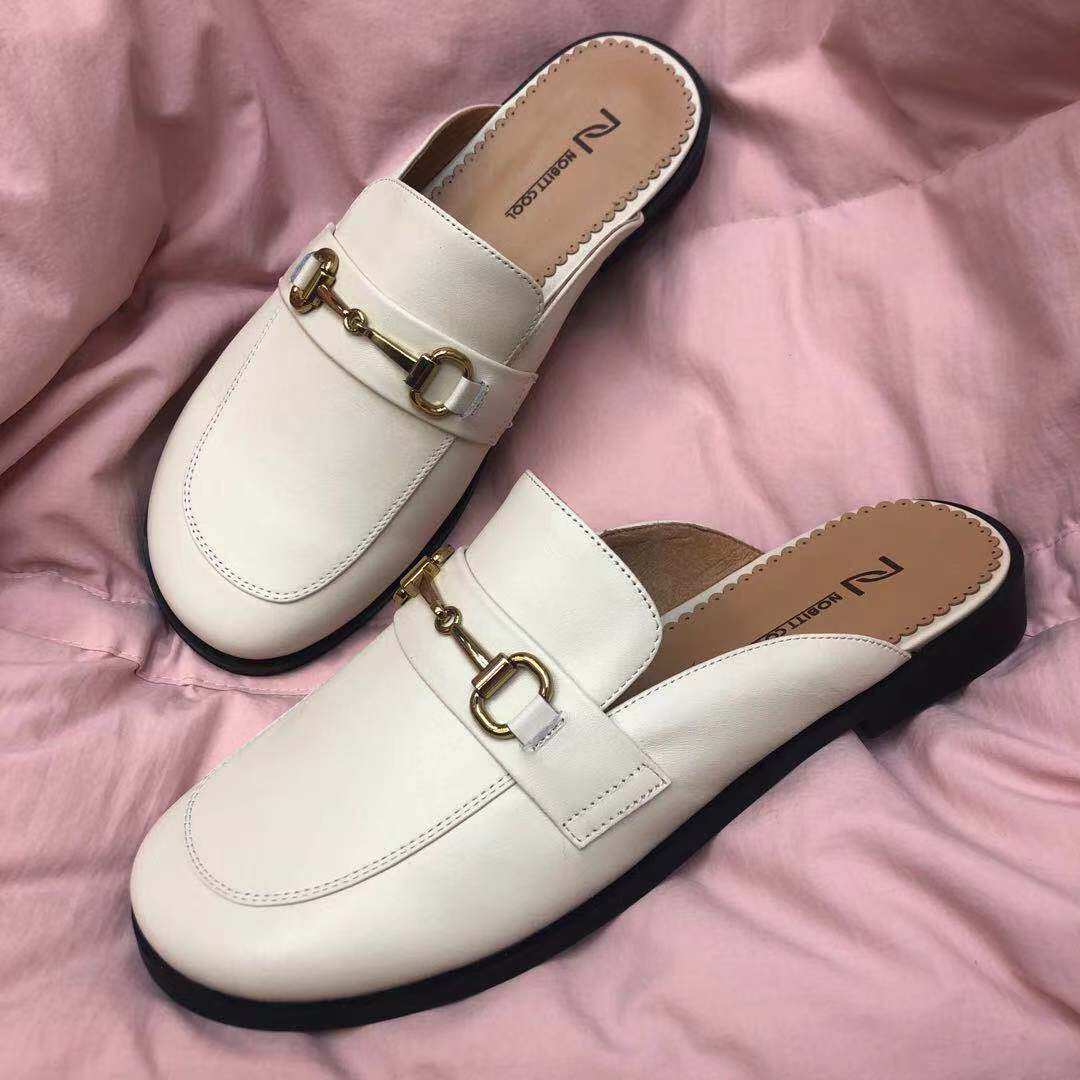 年老店头牛皮乐福鞋女一脚脚蹬单鞋马衔扣拖鞋包头拖