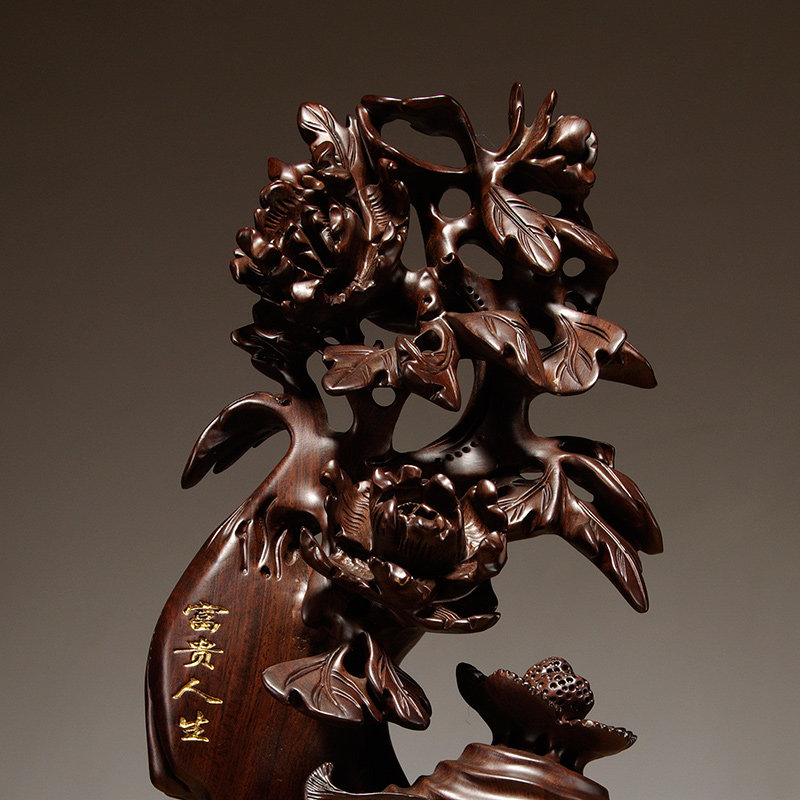檀木雕刻牡丹摆件富贵人参家居客厅玄关装饰木雕