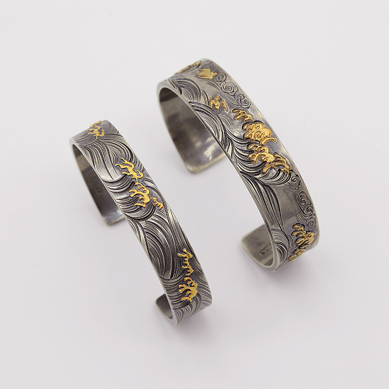 偶屿手工首饰金首饰银饰錾刻手镯浪花错金纯银手镯