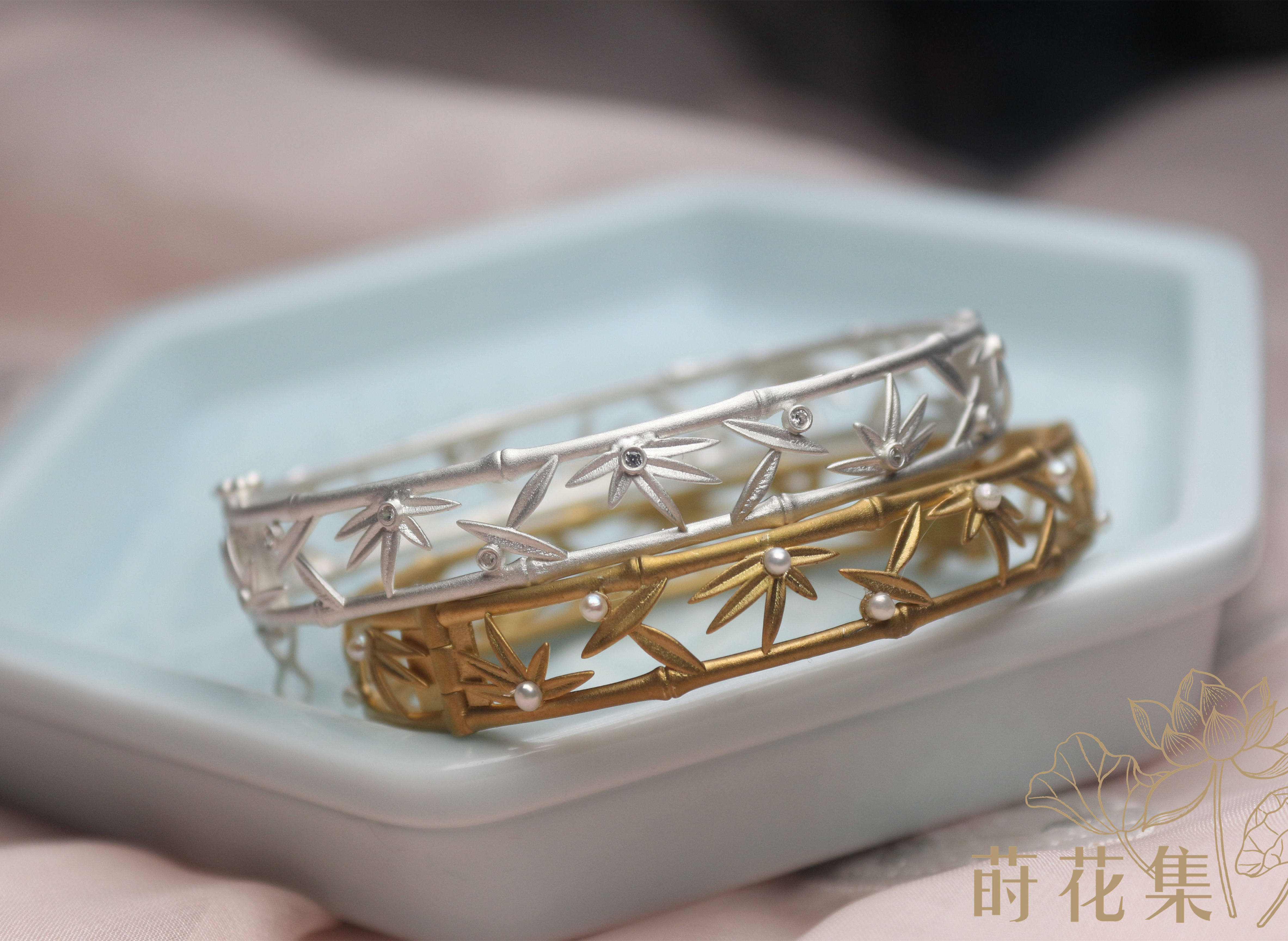 莳花绿竹猗猗银镶莫桑珍珠弗莱竹子手镯古典手镯