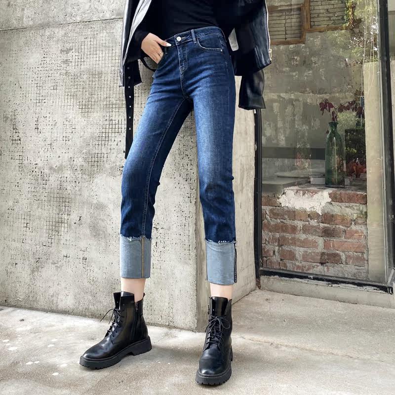 > 欧货2020秋冬裤脚拉链直筒牛仔裤女20新款高腰显瘦卷边加绒九分裤