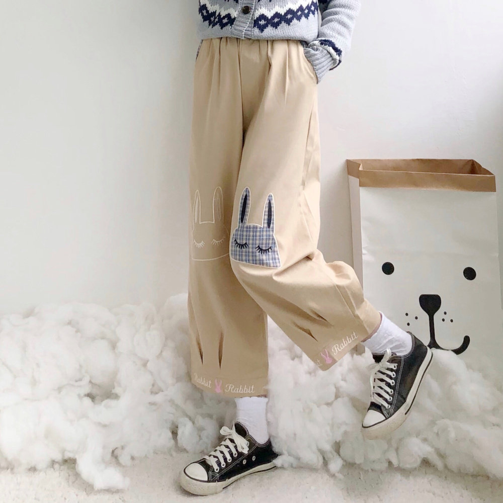 自制 可爱小兔刺绣休闲裤女九分裤春秋日系少女宽松学生灯笼裤子
