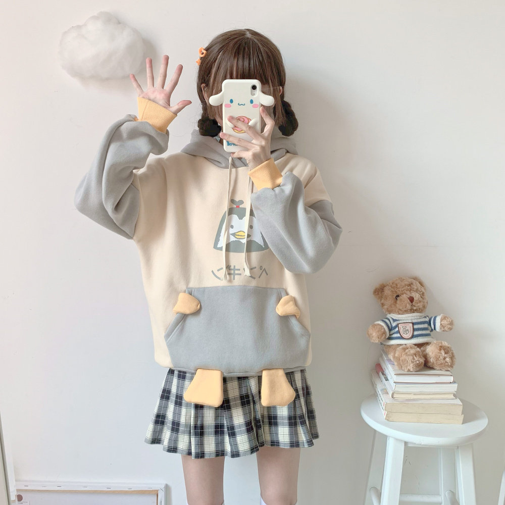 自制少女小清新可爱企鹅卫衣女秋冬加绒加厚中学生卫衣