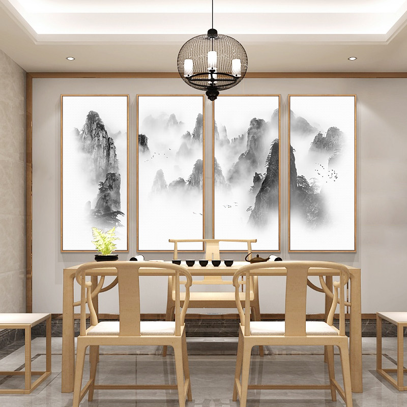 新中式挂画四联墙画茶室壁画水墨画禅意背景墙山水画现代装饰画