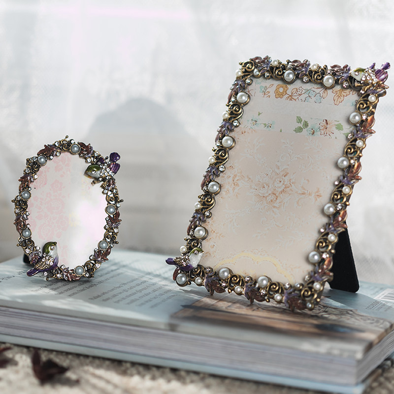 你可居 欧式复古水晶珍珠相框摆台卧室婚纱照创意桌面摆件6寸