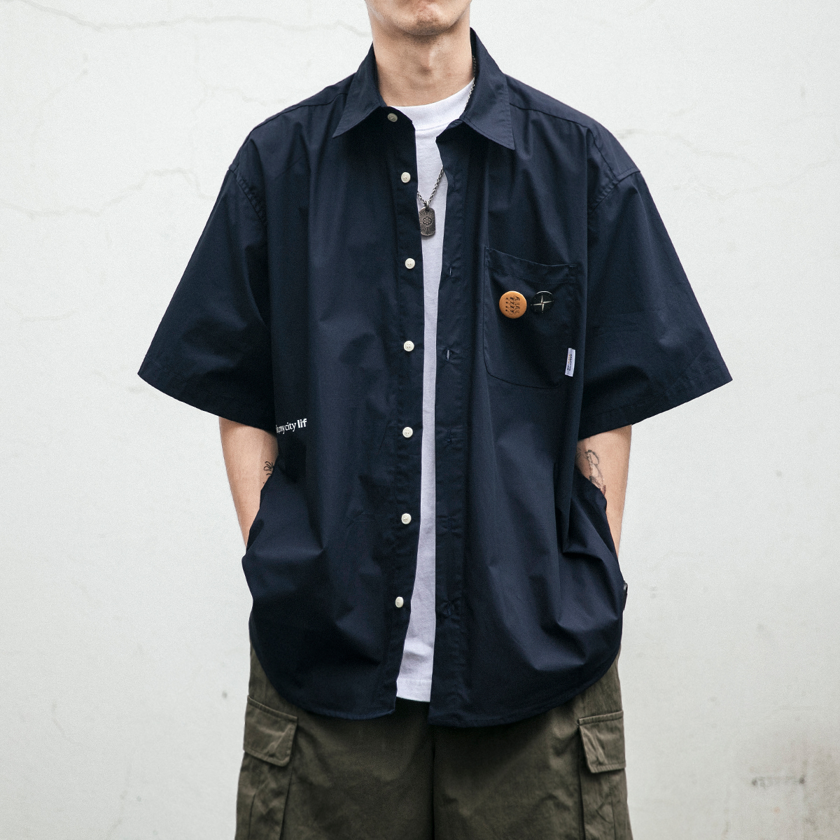 22SS日系潮牌CityBoy宽松短袖衬衫男新款百搭简约素色工装衬衣潮