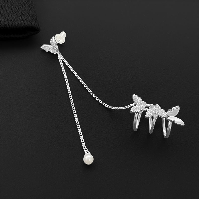 蝴蝶耳钉耳夹女小众个性设计链条珍珠一体式耳环耳环