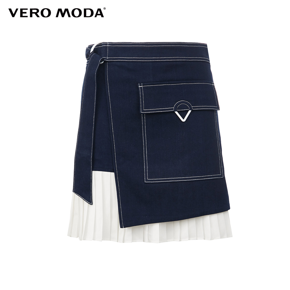 veromoda2021春夏新款不对称拼接百褶牛仔裙321237005半身裙