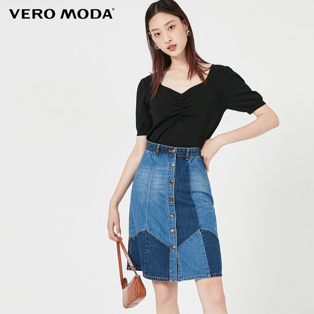 veromoda春夏拼接不规则设计纯棉时尚时尚牛牛仔半身裙