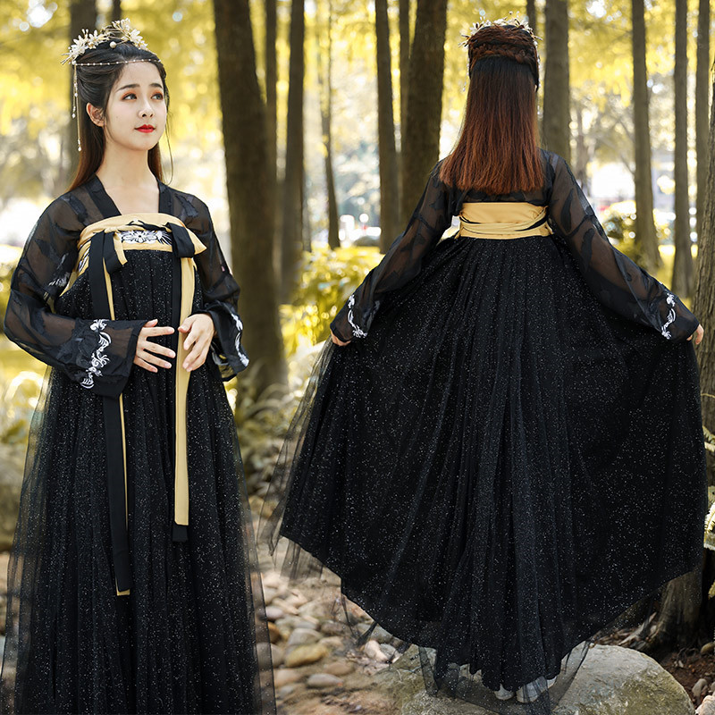 极夜黑色色系超大码汉服女mm齐胸襦裙超仙民族服装