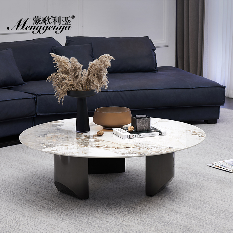 北欧意式奢石亮光岩板圆形圆茶几亮光岩板拉丝不锈钢脚