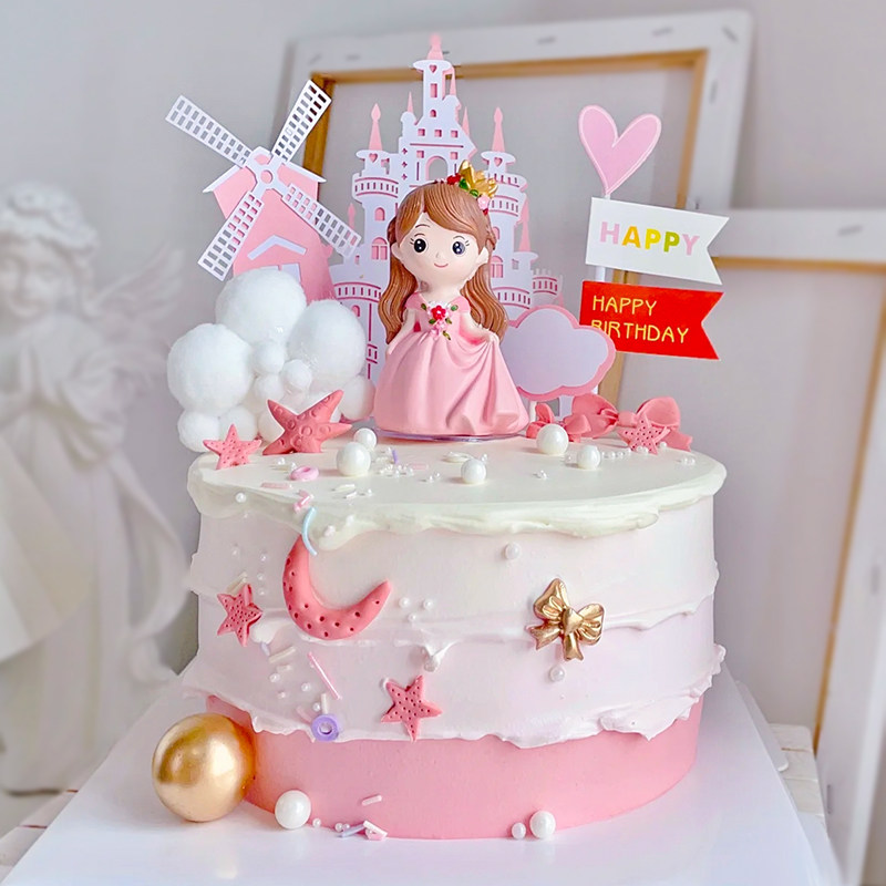 生日蛋糕装饰薇拉公主摆件王子城堡可爱女孩粉色节日装扮用品
