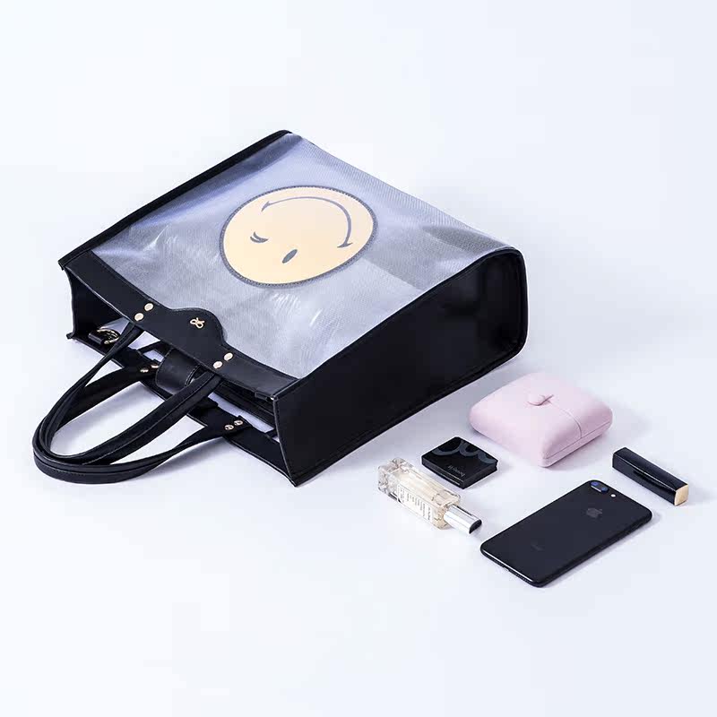 2018夏季新韩版潮流单肩手提斜挎女士大包时尚网纱透明安雅笑脸包