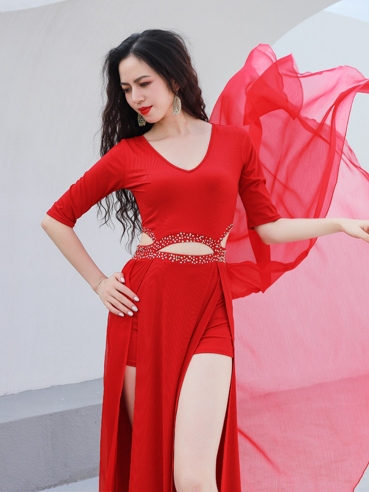 倾城之舞新款肚皮舞烫腰部镂空飘纱练功户外写真肚皮舞套装演出服