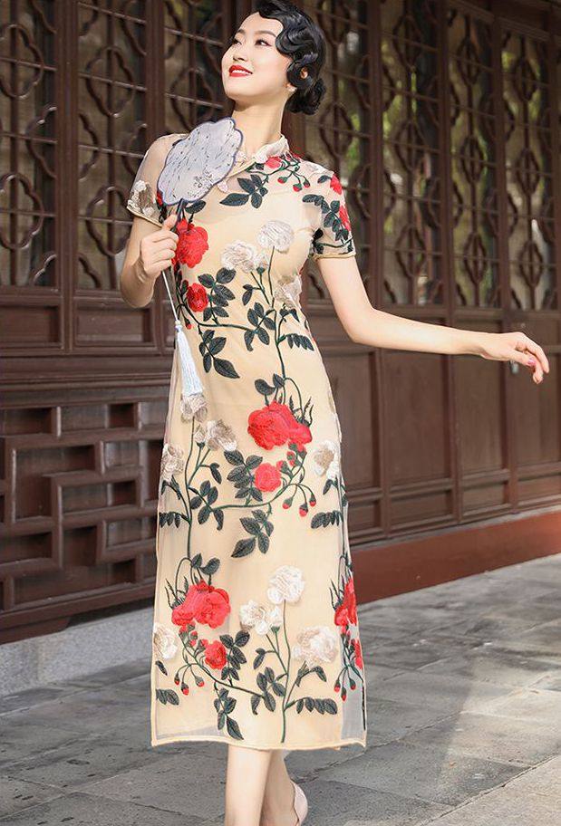 倾城之舞古典舞演出走礼仪精致刺绣旗袍练功习服古典舞服