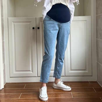 Pregnant Color Maternity Pants Spring and Summer Maternity Straight Jeans Seamless Abdominal Support Pants ເສື້ອຜ້າແມ່ສໍາລັບຄົນຂະຫນາດນ້ອຍ