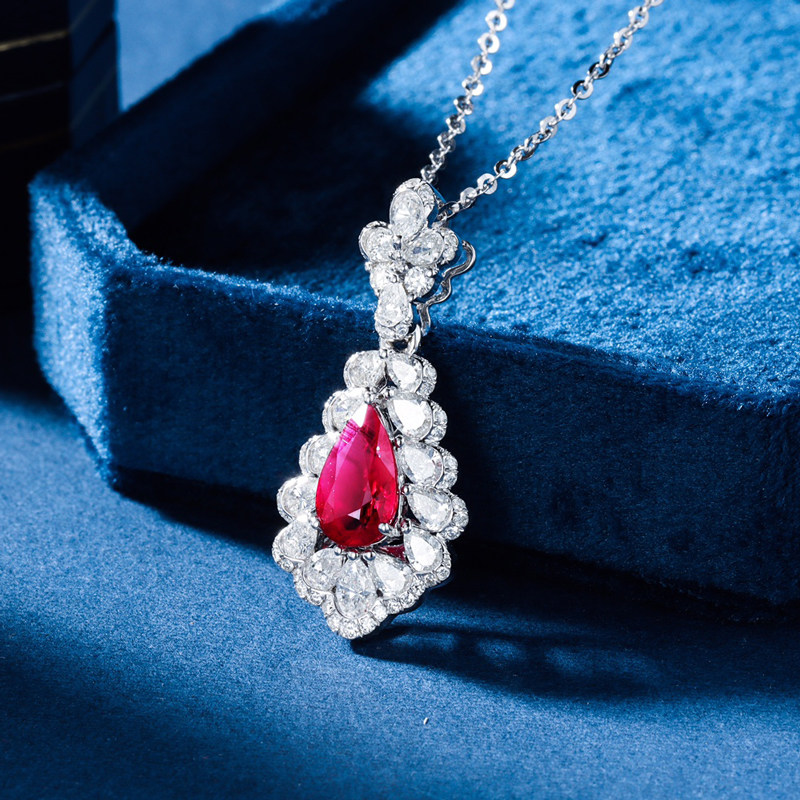 宝创形彩水滴镶钻金镶钻18k吊坠红宝石鸽血无烧颈饰