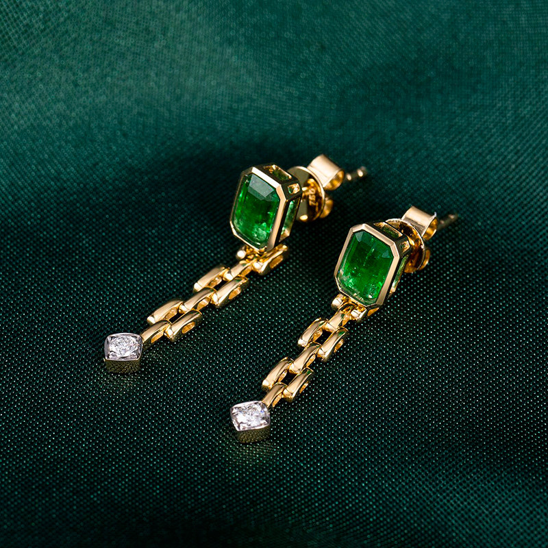 宝创18k1克拉赞比亚祖母绿流苏耳钉钻石彩宝耳饰耳饰