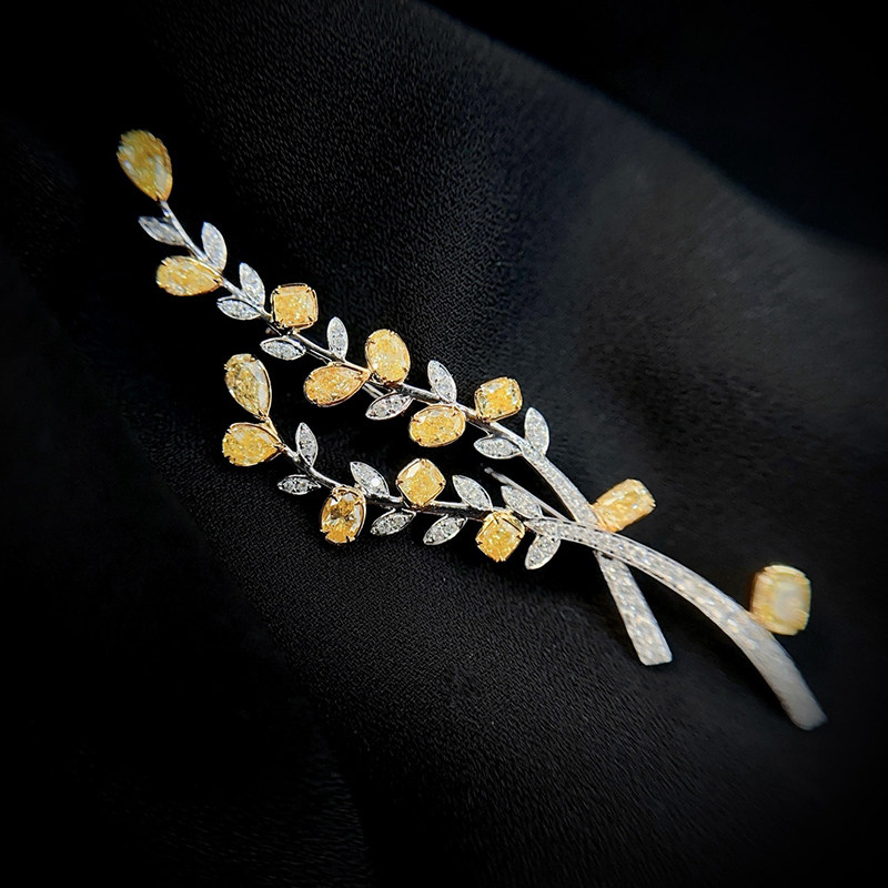 宝创镶钻打造手工立体树叶树枝金镶钻胸针黄钻胸饰