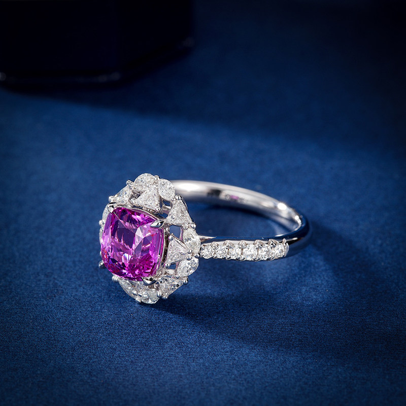 宝创粉色真钻女真金蓝宝戒指枕形蓝宝石无烧2克拉手饰