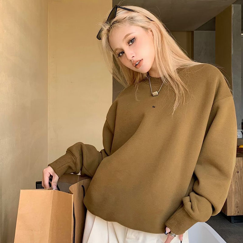 加绒11an卫衣冬季韩版字母植绒印花圆领常规卫衣