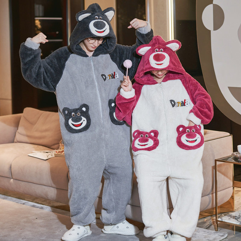 恐龙情侣连体睡衣秋冬季加绒加厚珊瑚瑚绒冬天睡衣