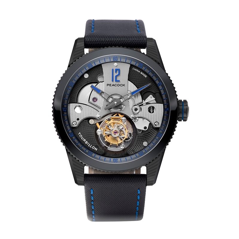 孔雀peacock碳纤维蓝宝石镂空飞轮手表机械表潮陀p5014国产腕表