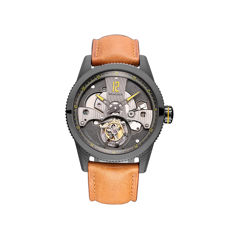 飞轮孔雀peacock皮带手表潮陀正品机芯p5014黄色国产腕表