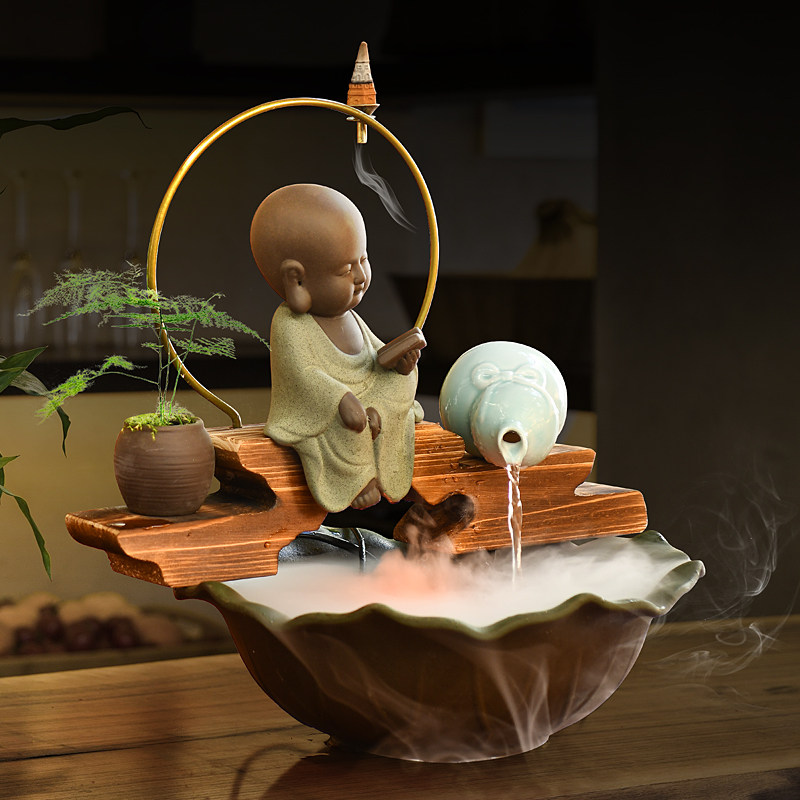 中式式禅意小和尚流水喷泉摆件客厅办公室桌面风水摆件