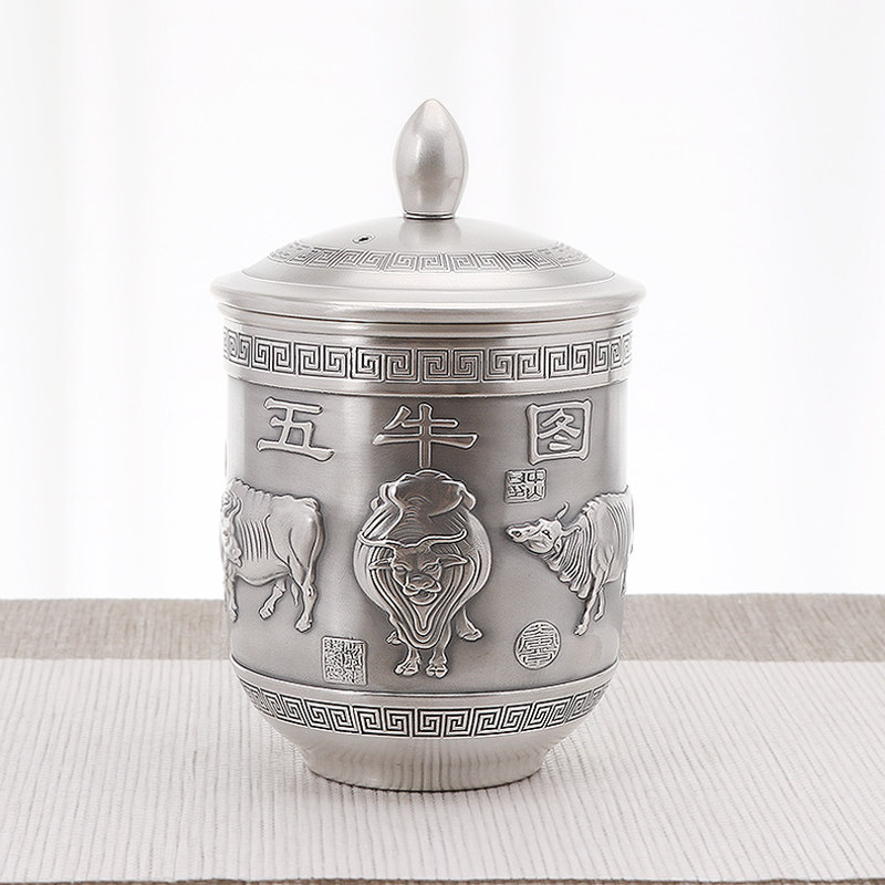 泰安银业纯手工纯银999足银高档五牛图银茶缸办公室带盖银茶杯