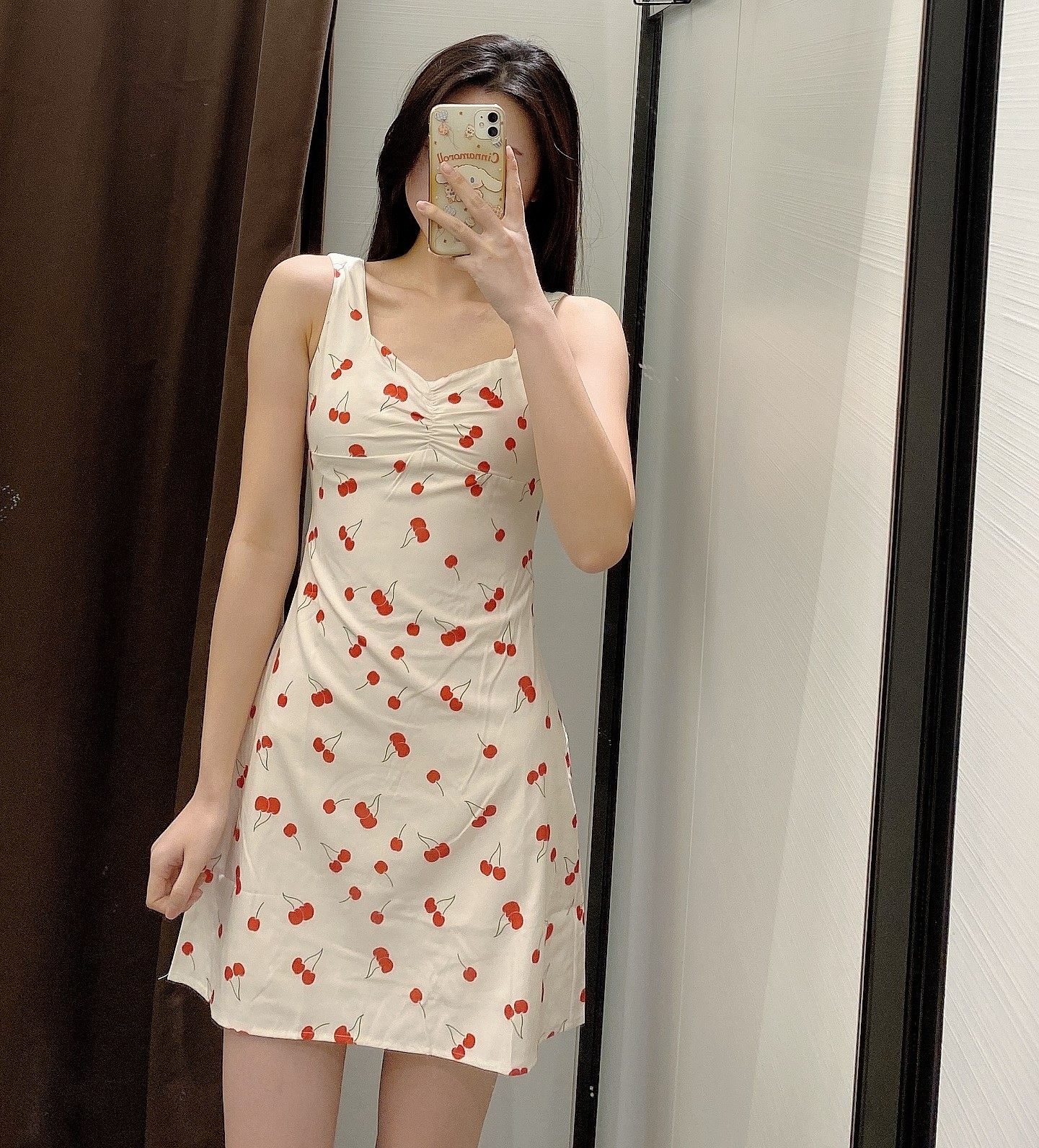 法式方领露锁骨小个子连衣裙温柔樱桃印花字裙沙滩连衣裙