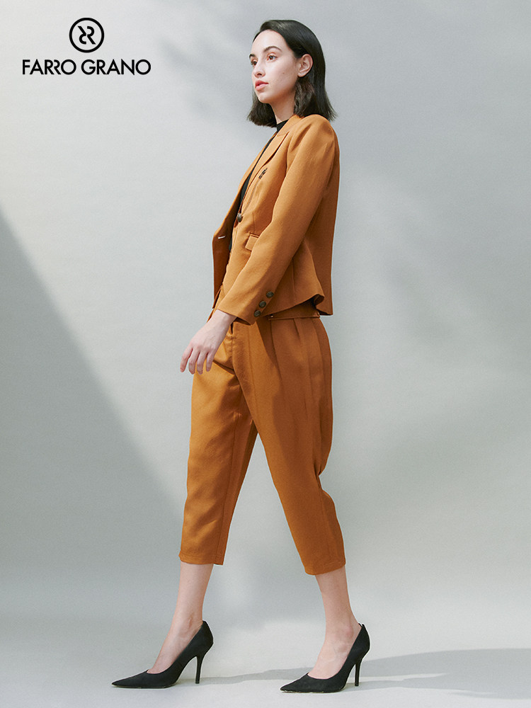 西装farrograno2021早秋新品短款职业轻奢设计感橘色西装