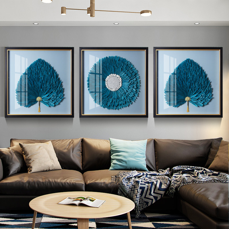 沙发背景墙装饰画羽毛手工实物三联立体3d壁画现代装饰画