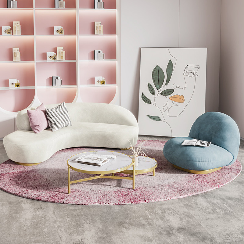 北欧美容院小沙沙发网红轻奢弧形二人茶几组合布艺沙发