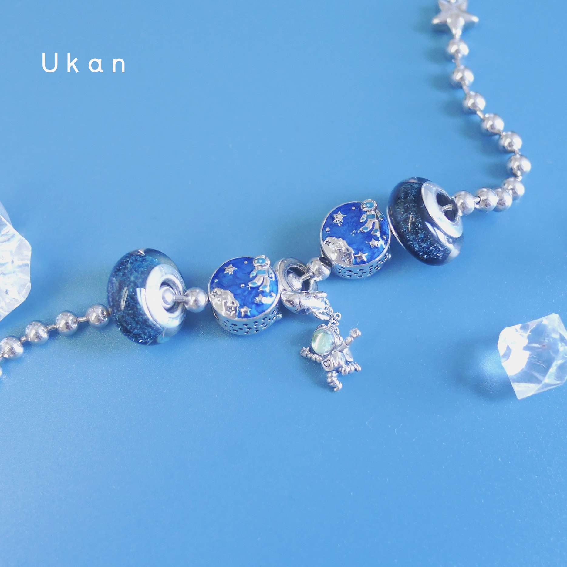 蓝色星空宇航员纯银串珠浪漫太空琉璃情侣手链手镯手链