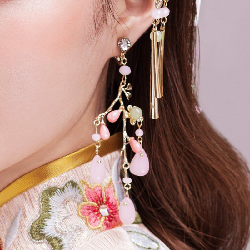 水舞a2561新娘耳环粉色汉服耳夹流苏耳钉仙气耳环