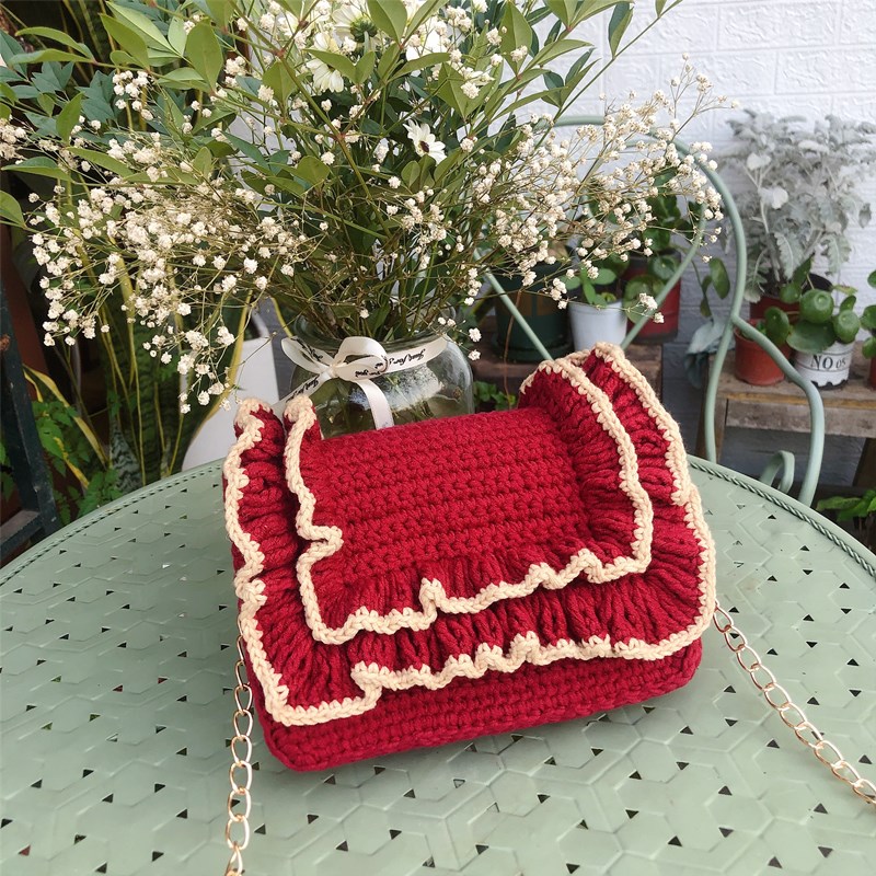 送闺蜜女友 钩针编织牛奶棉毛线手工包包可爱花边翻盖包diy材料包