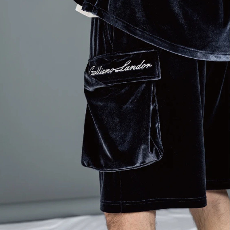 gallianolandor张艺兴同款丝绒五分银线刺绣大口口袋休闲裤