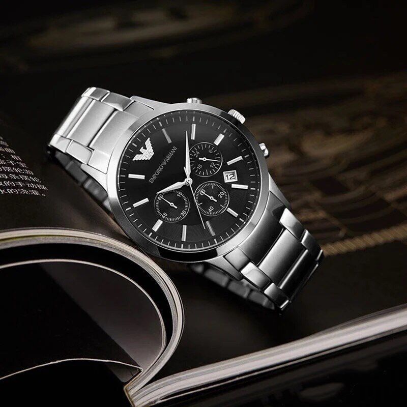 手表官方正品armani阿玛尼钢带三眼计时石英男士欧美腕表