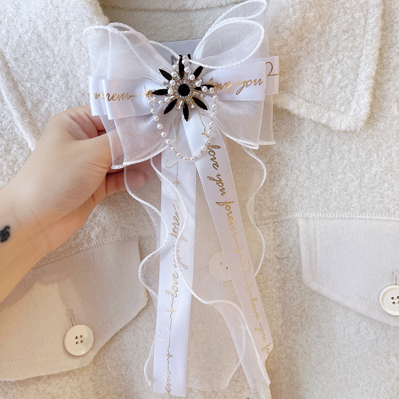 韩国东大门黑色蕾丝领结高档珍珠水钻衬衫领花领结