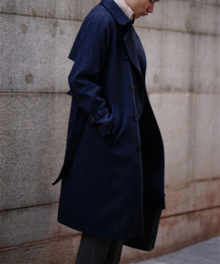 复古花呢堑壕大衣男士冬装加厚宽松长款过膝羊毛呢外套战壕风衣