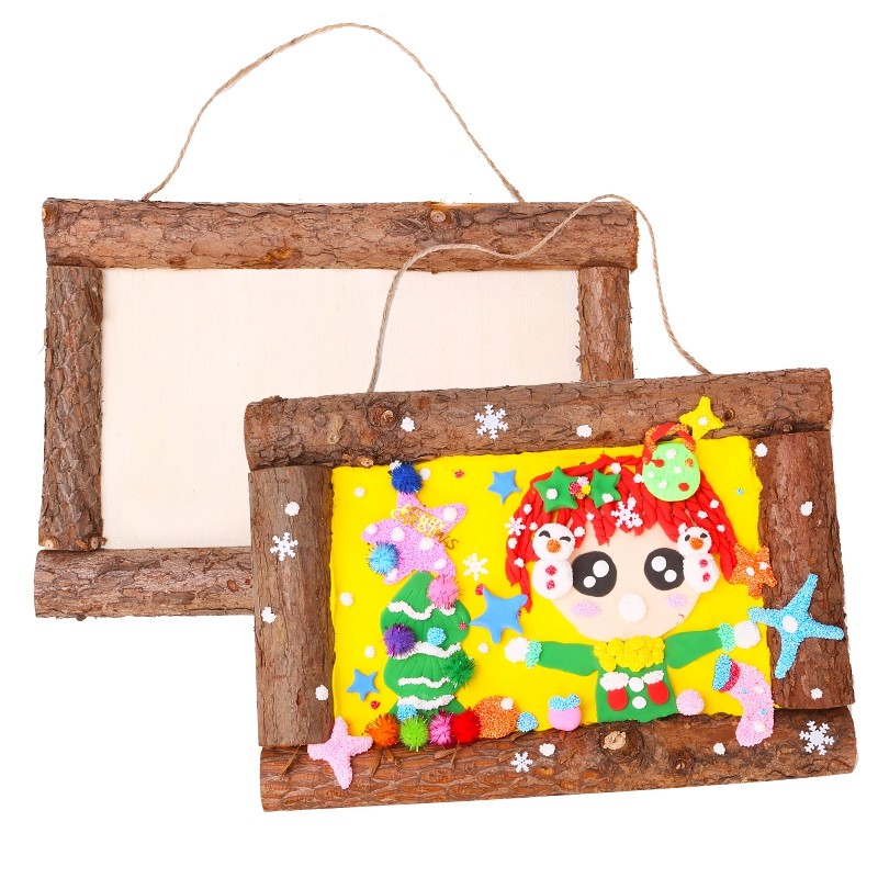 树皮相框儿童手工diy木质白坯雪花粘土画框相框