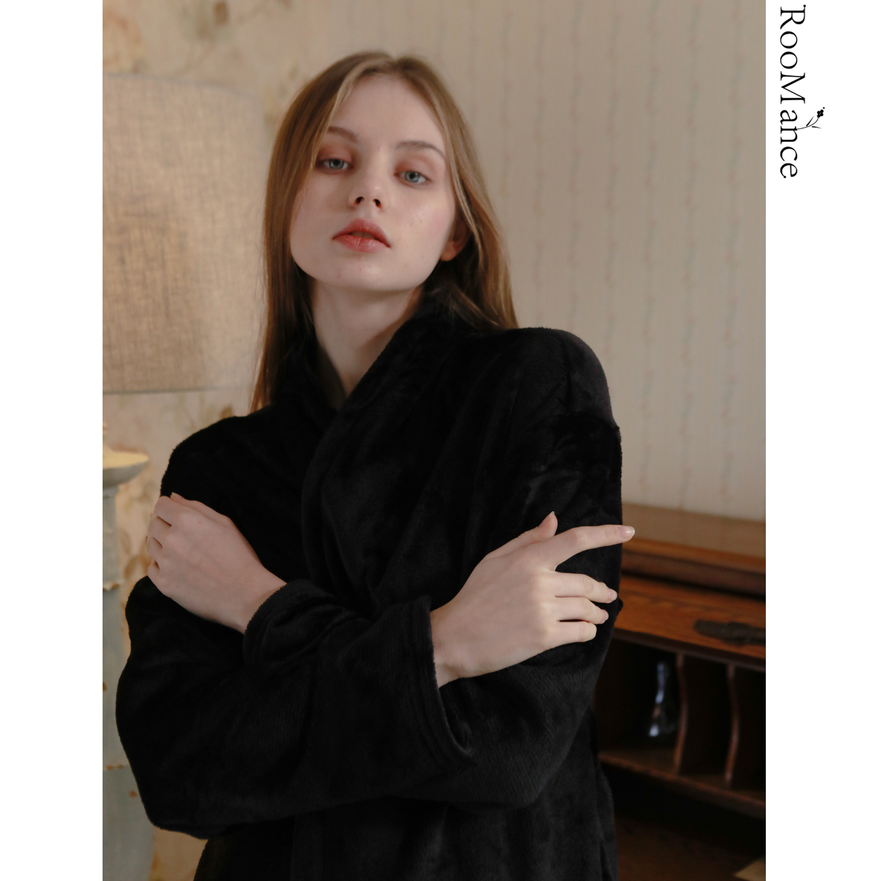 roomance法兰绒黑色睡袍秋冬季睡衣长款浴袍睡袍