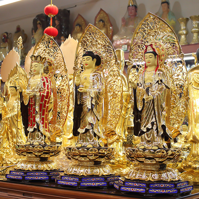 涛羽台湾鎏金娑婆三圣站像铜像佛堂居家供奉摆件