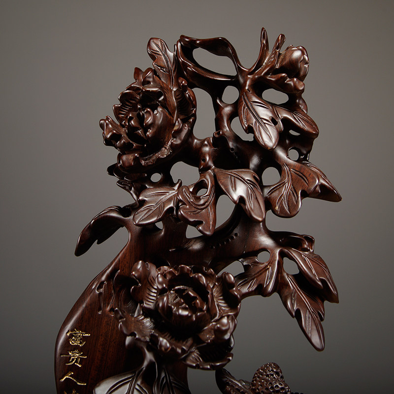 檀木木雕牡丹富贵人参摆件实木家居客厅玄关木雕
