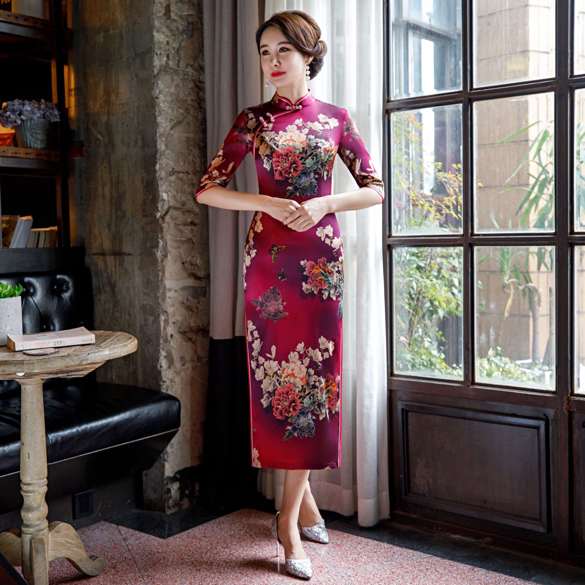 2021修身七分显瘦妈妈春季旗袍真丝长款气质旗袍