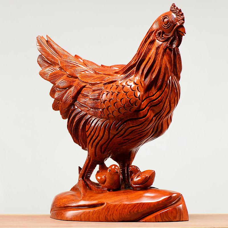 木雕母鸡摆件实木黄花梨木头雕刻小鸡生肖风水木雕