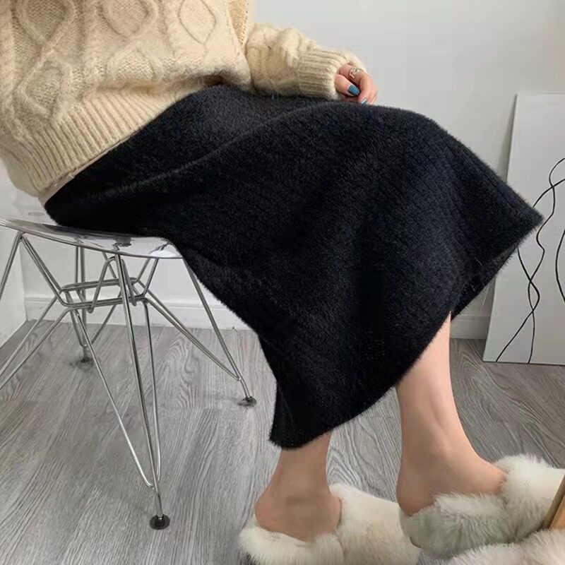 羊毛裙子高腰显瘦秋冬裙白色针织毛呢a字半身裙女冬天配毛衣长裙